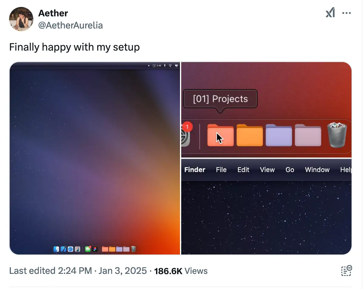 Screenshot of the linked Tweet, showing macOS folders with colour-coded icons on the dock.