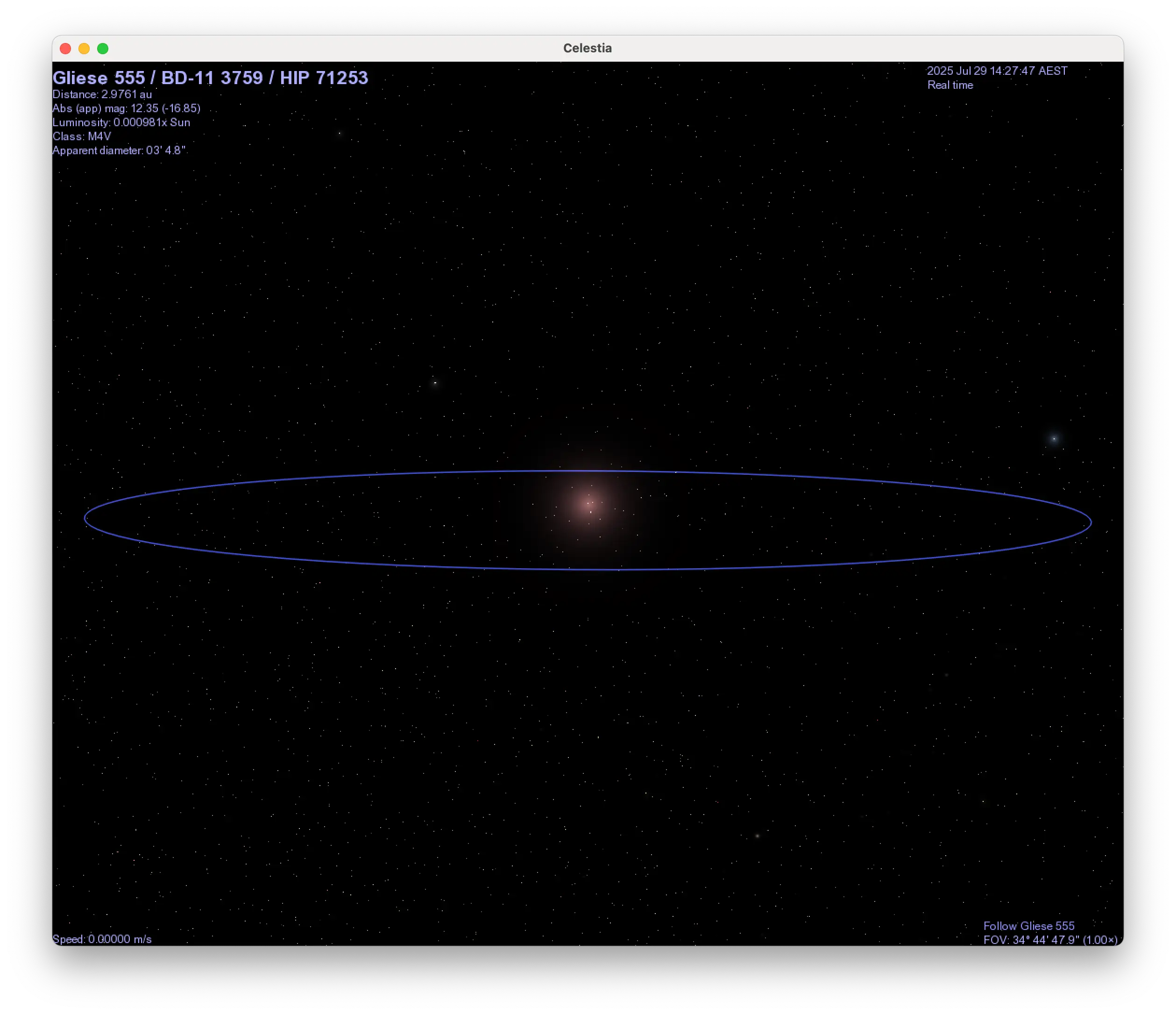 A screenshot of Celestia showing the star Gliese 555, with the orbit of a new planet around it.