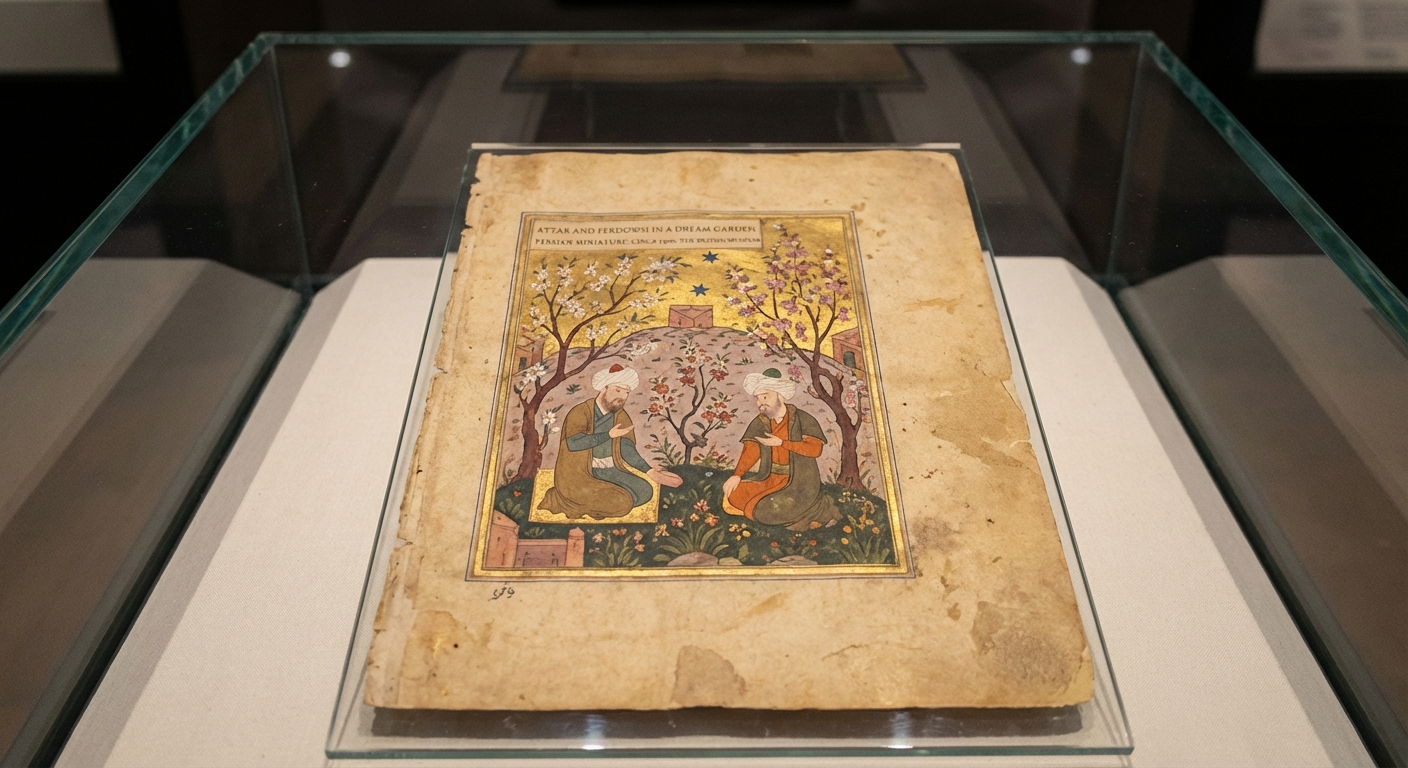 A photograph of a generic Persian miniature in a display case.