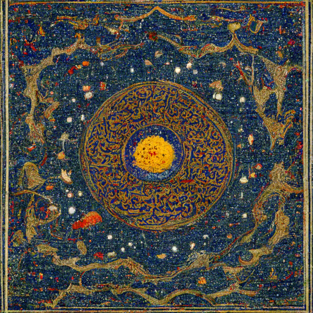 A golden disk, surrounded by concentric circles of Perso-Arabic lettering, against a dark blue background.
