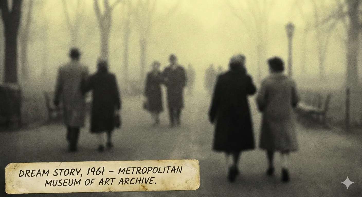 A black and white photgraph of people walking in a part. On the bottom left, a legend says: "Dream Story, 1961 - Metropolitan Museum of Art Archive".