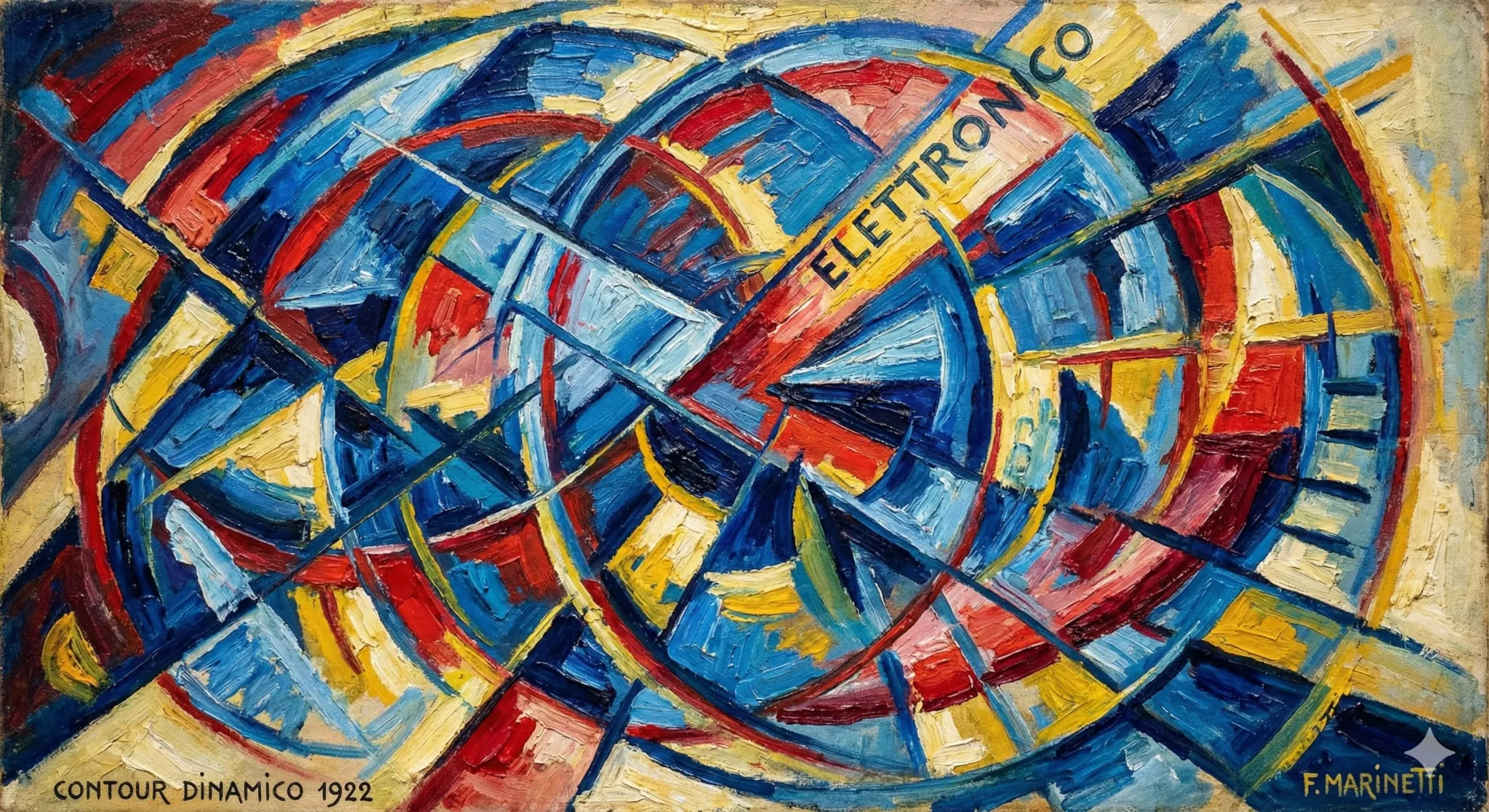 Red, gold, yellow circles intersect, thick impasto, oil on canvas, the word ELETTRONICO written in black across the frame.