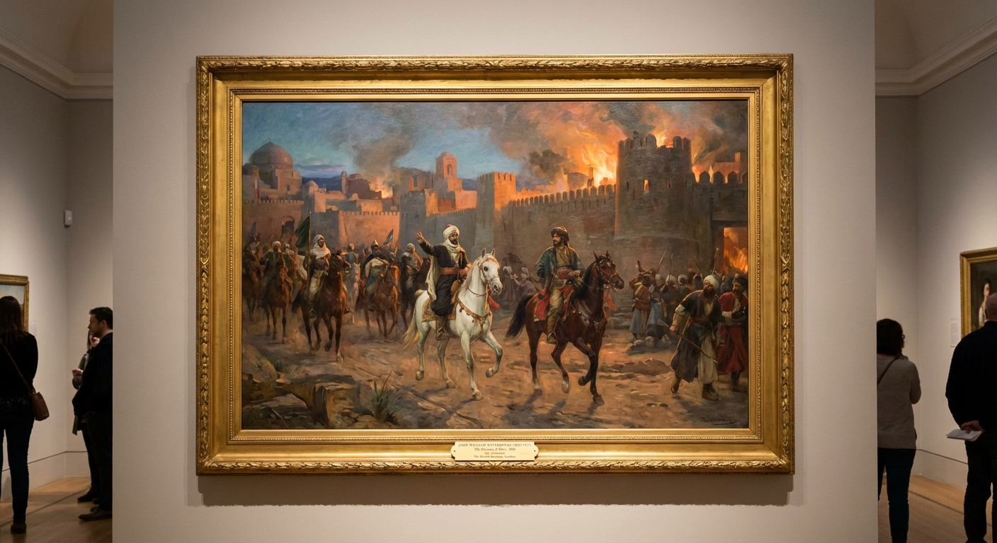 A photograph of a painting of horse-mounted warriors outside a burning city. The photograph shows the painting is in a display room in a museum.