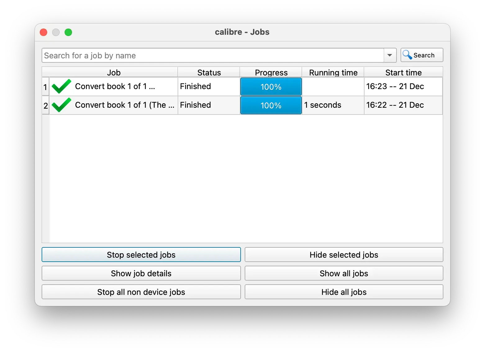A screenshot of a Calibre window, showing a list of jobs.
