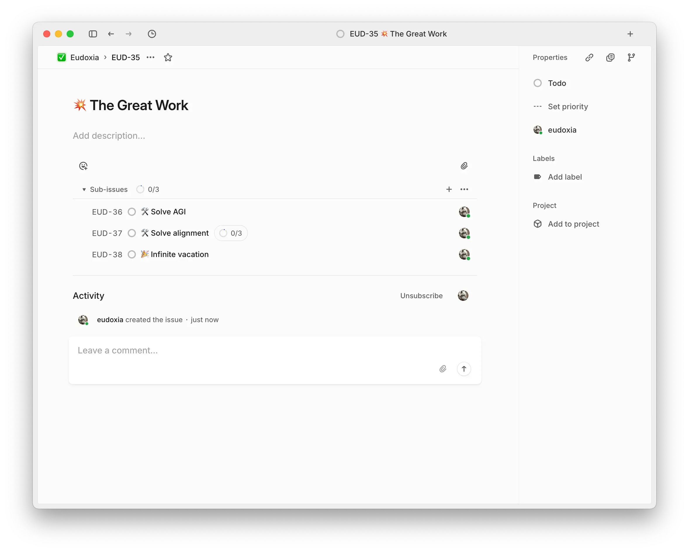 A screenshot of Linear showing a task page, including the table of the task's subtasks.