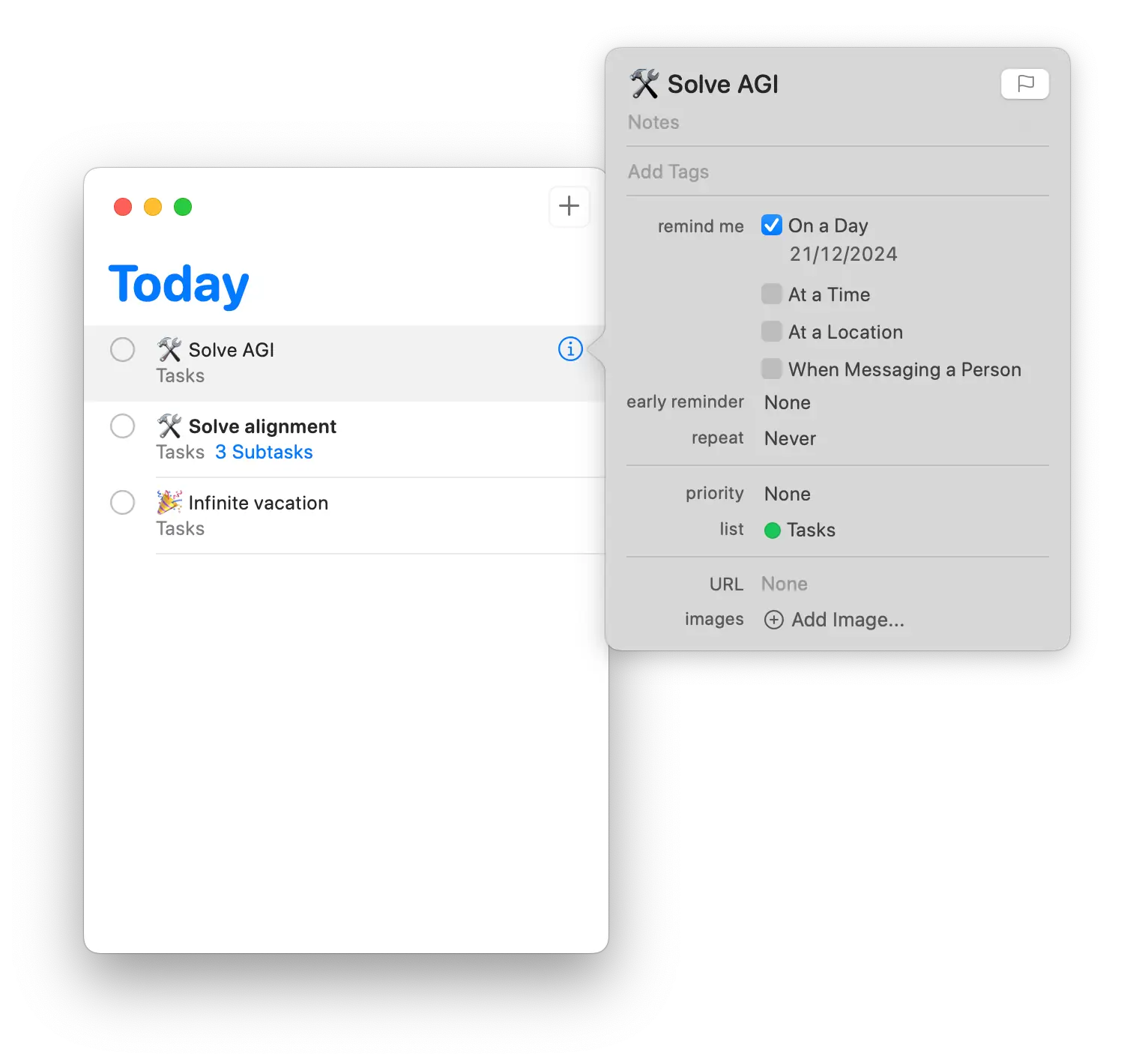 A screenshot of the reminders app, showing a list of tasks, and a popover showing a task's details.