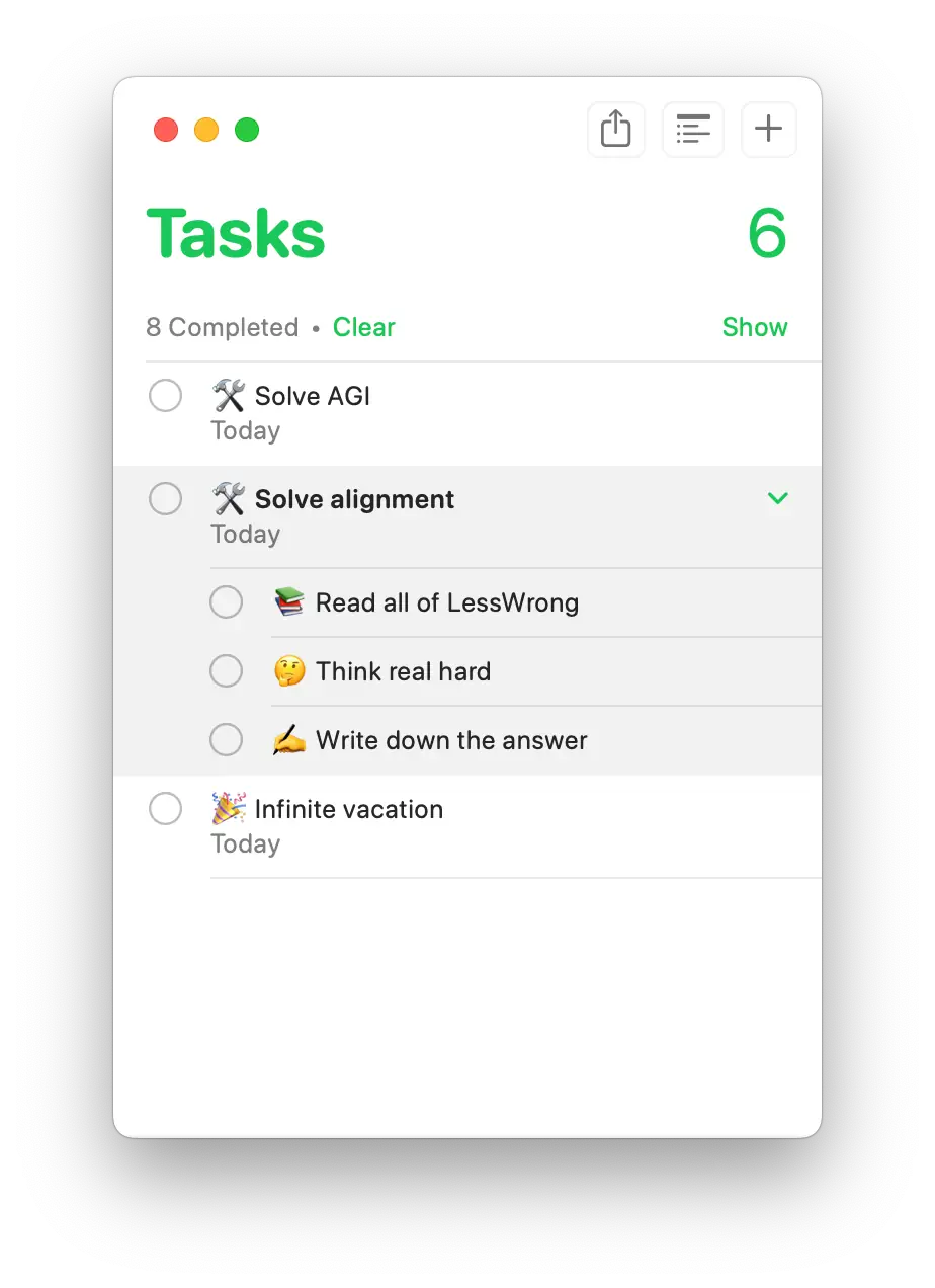 A screenshot of the Reminders app, showing a list of tasks.