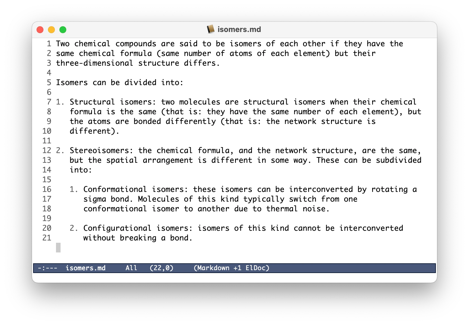 A screenshot of Emacs, showing paragraphs filled at the 80 column mark, and properly indented.