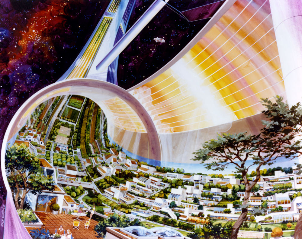 A drawing of the interior of a Stanford Torus space habitat, showing a beautiful city in space.