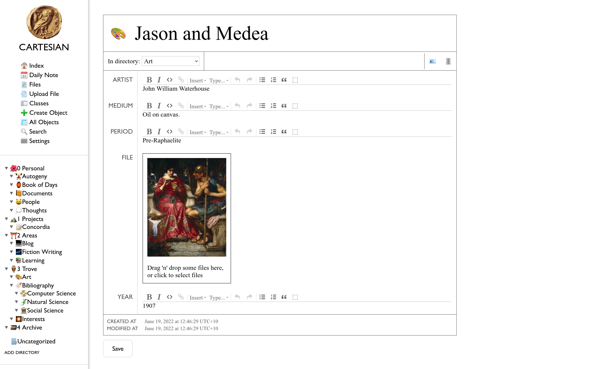 A screenshot of my personal wiki, showing an entry for John William Waterhouse's Jason and Medea, with fields for the artist, medium, period, image file, and year.