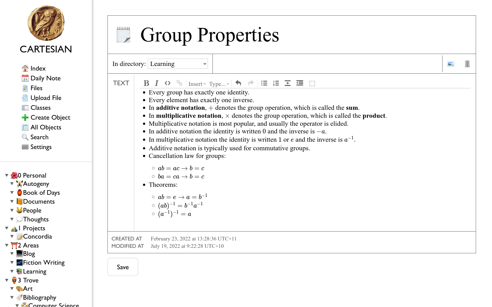 A screenshot of my personal wiki, showing notes on group theory.