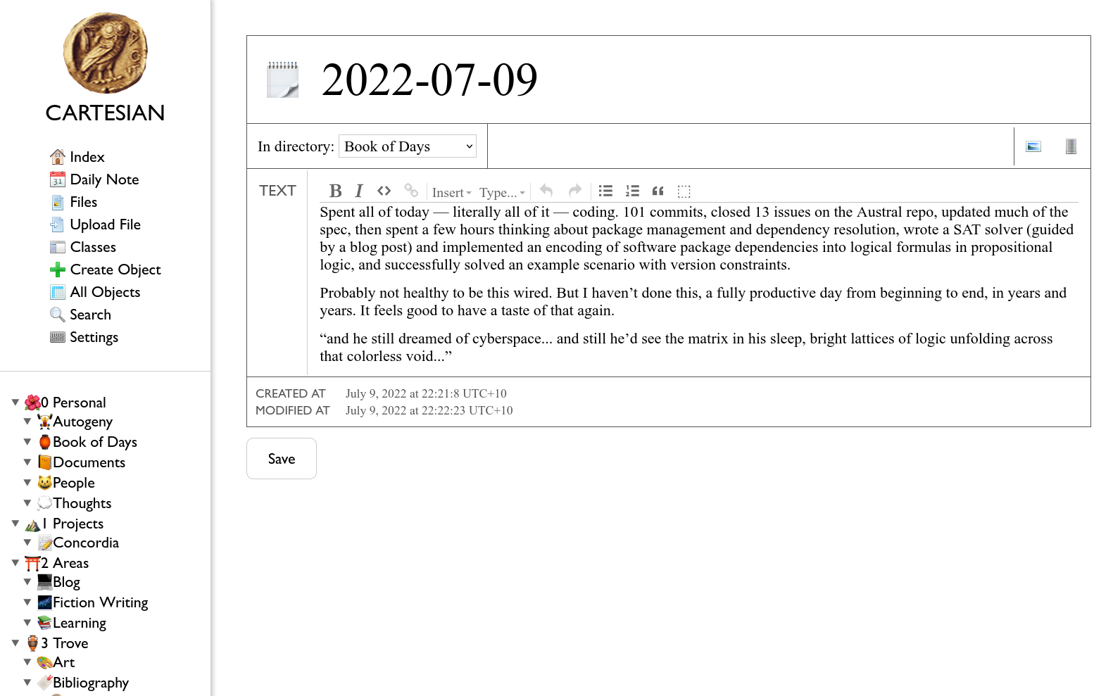 A screenshot of my personal wiki, showing a journal entry.