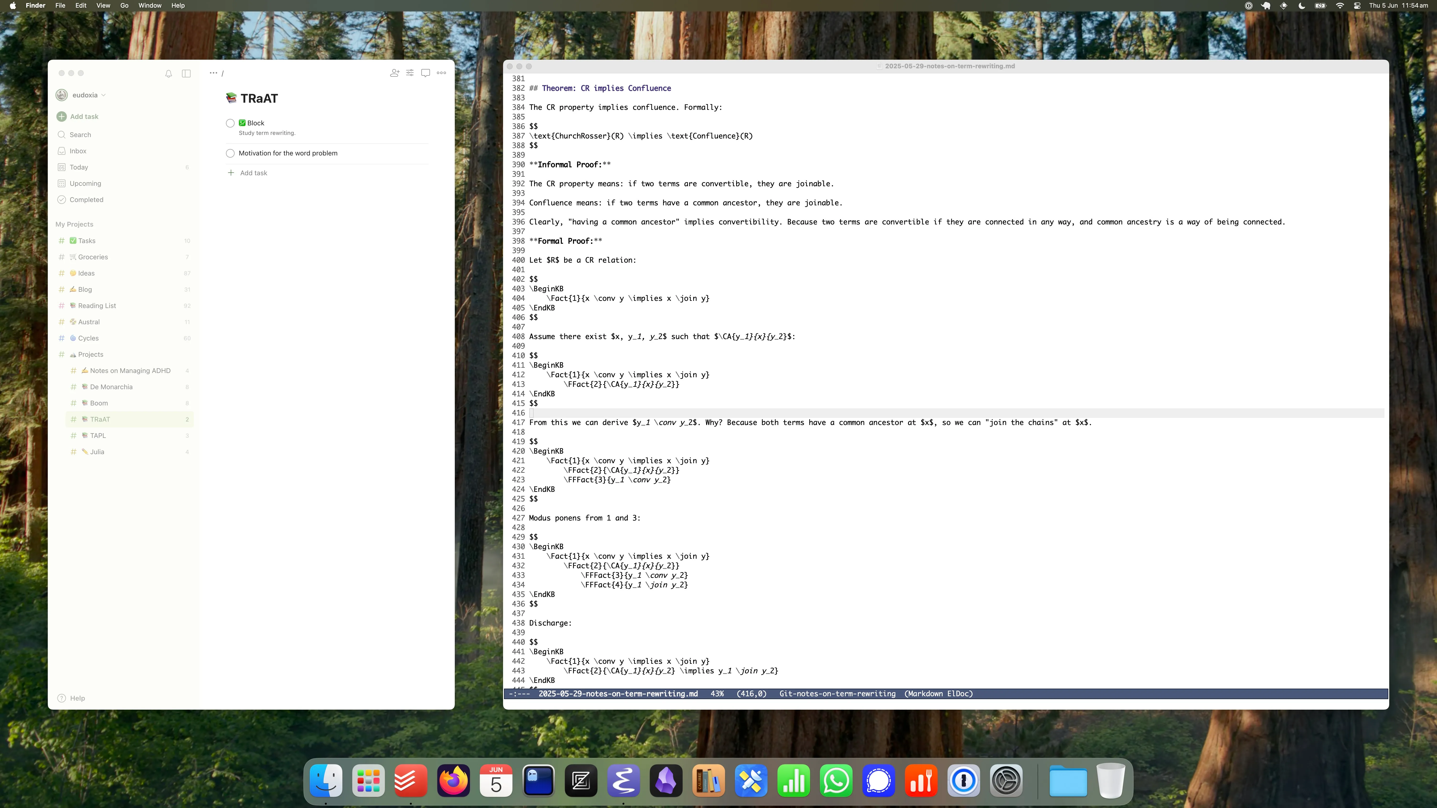 A screenshot of my desktop, showing Todoist on the leftmost one-third of the screen, and Emacs on the rightmost two-thirds of the screen.